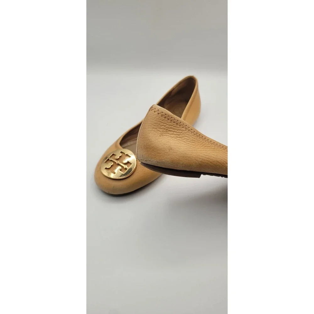 Tory Burch Reva Women's Ballet Flats 8M Tan Pebbled Leather Gold Logo